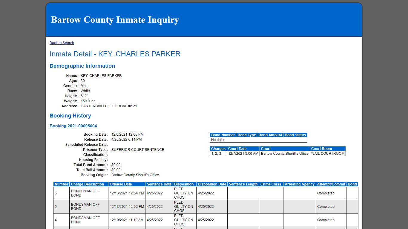 Inmate Detail - KEY, CHARLES PARKER